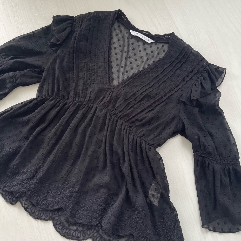 ZARA Women’s Embroidered Blouse - Black Size XS